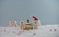 Christmas food photography using marshmallows shaped as snowman and standing in snow with cream sponge fairy cake