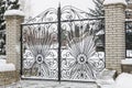 Frozen black metal gate covered with snow outdoors Royalty Free Stock Photo