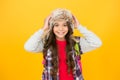 Winter season concept. Northern region fashion. Soft furry accessory. Warm hat for cold weather. Kid girl wear hat with Royalty Free Stock Photo