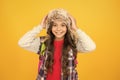 Winter season concept. Northern region fashion. Soft furry accessory. Warm hat for cold weather. Kid girl wear hat with