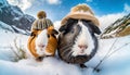 winter season concept. two guinea pigs wearing wool hats in snow landscape ,ai generated Royalty Free Stock Photo