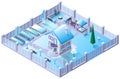 Winter season country house and garden under snow. 3d isometric illustration