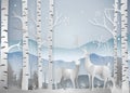 Winter season, Deer in forest landscape with snowflakes and mountains background. paper art and digital craft style. Vector illus Royalty Free Stock Photo