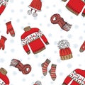 Winter season doodle clothes seamless pattern. Hand drawn sketch elements warm raindeer sweater socks, gloves and hats. vector Royalty Free Stock Photo