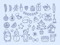 Winter season doodles. New year merry christmas collection snowflakes animals clothes gifts funny hand drawn elements