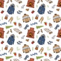 Winter season doodles seamless pattern. Hand drawn sketch elements fireplace, glass of hot wine, clothes, warm blanket, socks Royalty Free Stock Photo