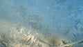 Winter Season Fantasy World Theme Concept: Macro Image Of Colorful Light Frosty Window Glass Natural Ice Patterns