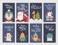 Winter season flat cartoon characters postcards set Royalty Free Stock Photo