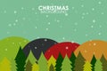 Winter season flat design landscape with christmas tree Happy New Year greeting card background with falling snowflakes. Royalty Free Stock Photo