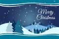 Winter season flat design landscape with christmas tree Happy New Year greeting card background with falling snowflakes. Royalty Free Stock Photo