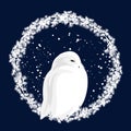 Winter season frame made of pine tree branches and white snowy owl vector design Royalty Free Stock Photo