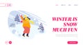 Winter Season Fun and Outdoor Leisure Website Landing Page. Happy Woman in Throwing Snowball Playing