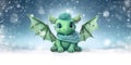 Winter season greeting banner, snowy landscape, empty banner background, green baby dragon