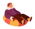 Winter Season with Happy Man in Hat and Coat Sliding Downhill on Donut Tube Vector Illustration Royalty Free Stock Photo