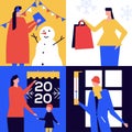 Winter season leisure time colorful illustrations set