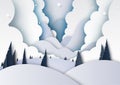 Winter season and mountains landscape background paper art style Royalty Free Stock Photo