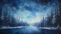 winter season nature painting of a serene starry night sky above the cold snowy forest and river water landscape
