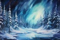 winter season nature painting of a serene starry night sky above the cold snowy forest and river water landscape