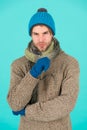 Winter season sale. Hipster knitted winter hat scarf and gloves. Casually handsome. Man handsome unshaven guy wear Royalty Free Stock Photo