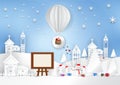 Winter season with Santa, house, child, snowman and photo Royalty Free Stock Photo