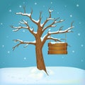 Bare tree with leafless branches covered with snow with old wooden sign. Royalty Free Stock Photo