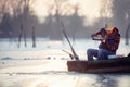 Winter season- senior man sitting on frozen lake and drink tea Royalty Free Stock Photo