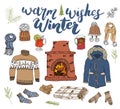 Winter season set doodle elements. Hand drawn sketch colection with fireplace, glass of hot wine, boots, clothes, warm blanket, so