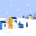 Winter season in small town, tiny village view, snowy sky, group of residential houses, beautiful neighborhood Royalty Free Stock Photo