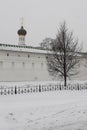 Winter season. Snow in the air. Novospassky monastery white wall, Russian Orthodox church black dome and naked tree during snowfal Royalty Free Stock Photo