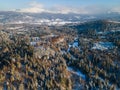 Winter Season Snowy Landscape. Bieszczady Mountains Park in Poland. Aerial Drone View
