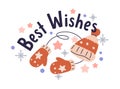 Winter season sticker, Best Wishes for Merry Christmas and Happy New Year. Holiday decoration with knitwear, hat