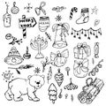 Winter season themed doodle set - snowflakes, icicles, classic ornaments, knitted wear, winter sports.