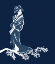 Winter season vector scene with pine tree and japanese geisha woman