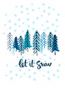 Winter seasonal illustration. Cristmas concept. Cartoon-like snowy landscape with hand lettering