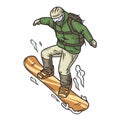 Winter seasonal sports, skiing and snowboarding. Off-piste freeride by person with skis and snowboard and splitboard