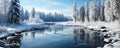 the winter lake reflects the snow-covered trees standing around. calm winter scene.