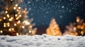 Winter Serenity Empty White Snow with Blur Christmas Tree and Bokeh Light Background - Focus on Snow. created with Generative AI