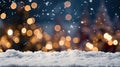 Winter Serenity Empty White Snow with Blur Christmas Tree and Bokeh Light Background - Focus on Snow. created with Generative AI