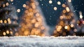 Winter Serenity Empty White Snow with Blur Christmas Tree and Bokeh Light Background - Focus on Snow. created with Generative AI
