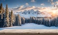 Winter serenity: Empty wooden table with snowy mountain backdrop