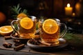 Winter Serenity in Orange and Cinnamon Tea on the Wooden Table. AI Generated