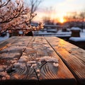 Winter serenity, Wooden table against a snowy landscape, offering text and design space. Royalty Free Stock Photo