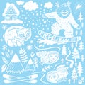 Winter hand drawn elements collection. Ski resort. Chalet, mountains and forest animals. Vector illustration