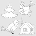 2056 winter, set of black and white line drawings, winter collection, house in the snow, Christmas tree and birds