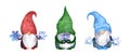 Winter set of gnomes with snowflakes. Watercolor christmas gnome, dwarves family in hats with scandinavian ornament and