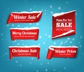 Winter set of red, vector, paper banners on blue background. Sale tags in the snow. Realistic ribbon banners. Stock illustration Royalty Free Stock Photo