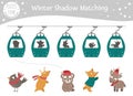 Winter shadow matching activity for children with animals in funicular cable cars. Cute funny smiling fox, squirrel, bird, bear,