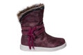 Winter shoes isolated. Close-up of a single elegant violet suede leather winter boots and lined with brown fur. Girls winter shoe Royalty Free Stock Photo