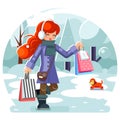 Winter shopping bag package girl purchase park background flat design character vector illustration