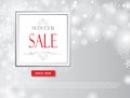 Winter shopping sale banner with lettering. Snow blurred background. Holiday sale with snowflakes over grey background